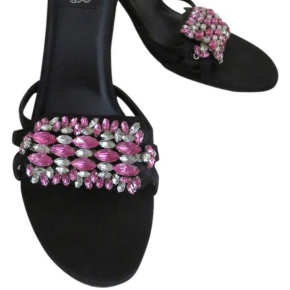 New Black Satin Open Toe Sandals Shoes With Pink And Clear Rhinestones Size 8.5
